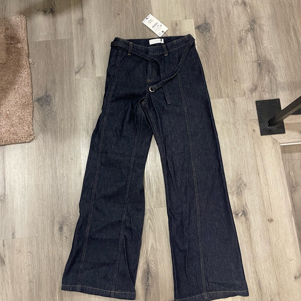 Zara Navy Flare Wide-Leg Jeans